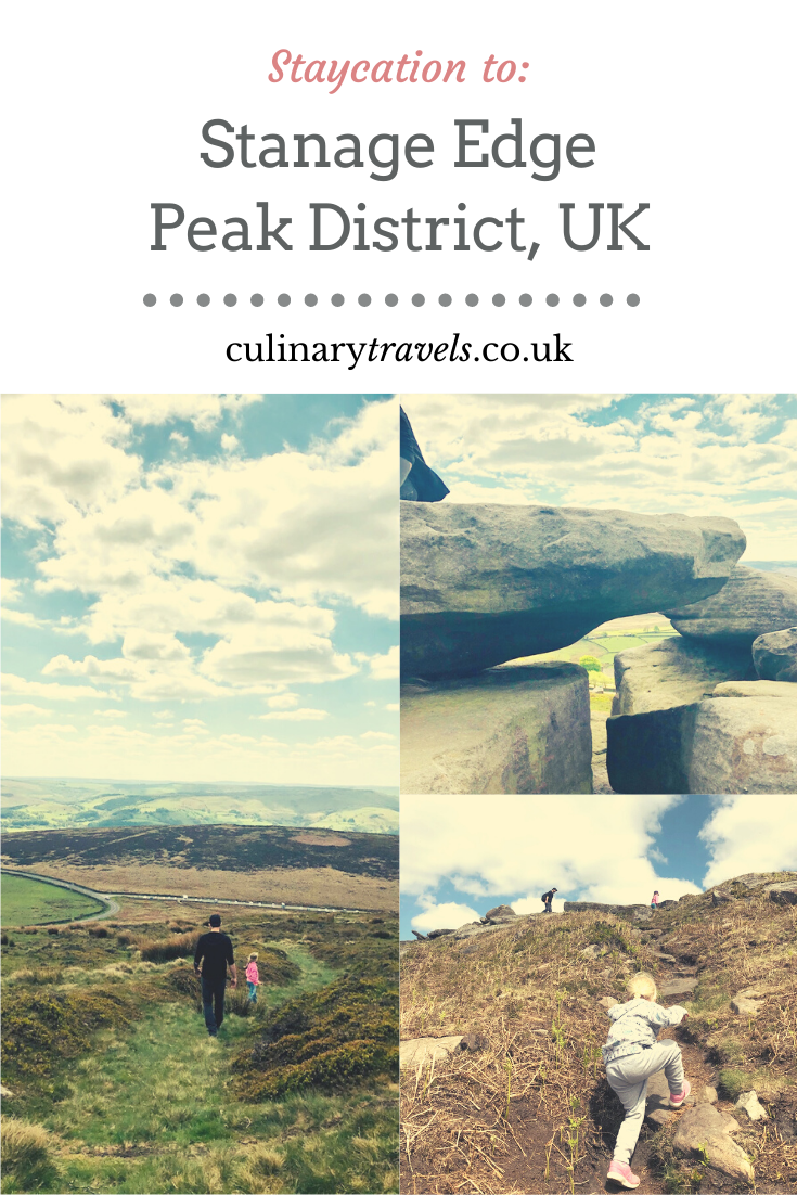 Scenic view of Stanage Edge, Peak District, showcasing rugged cliffs and countryside.