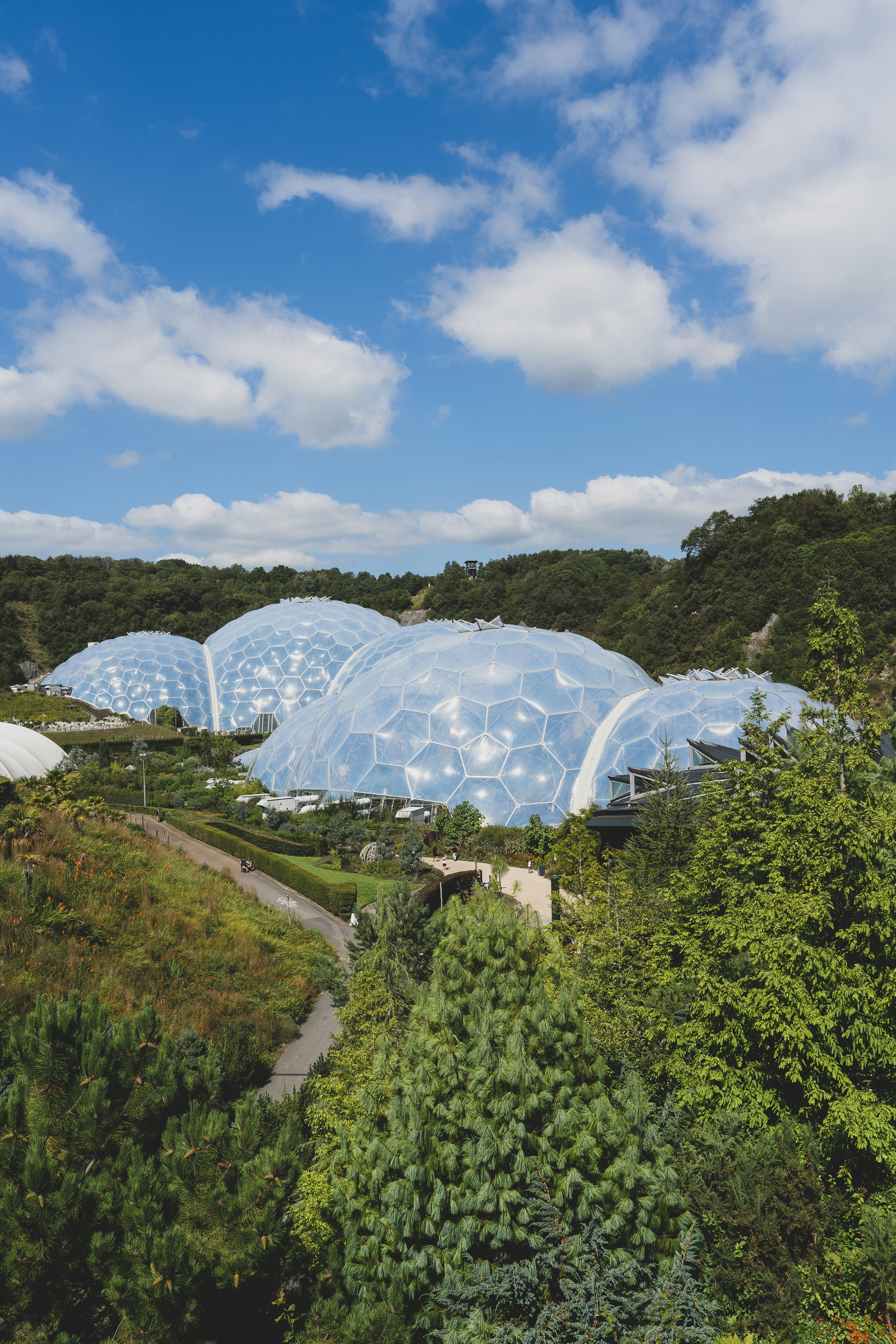 Geodesic dome biomes of the Eden Project near St Austell surrounded by gardens and woodland
