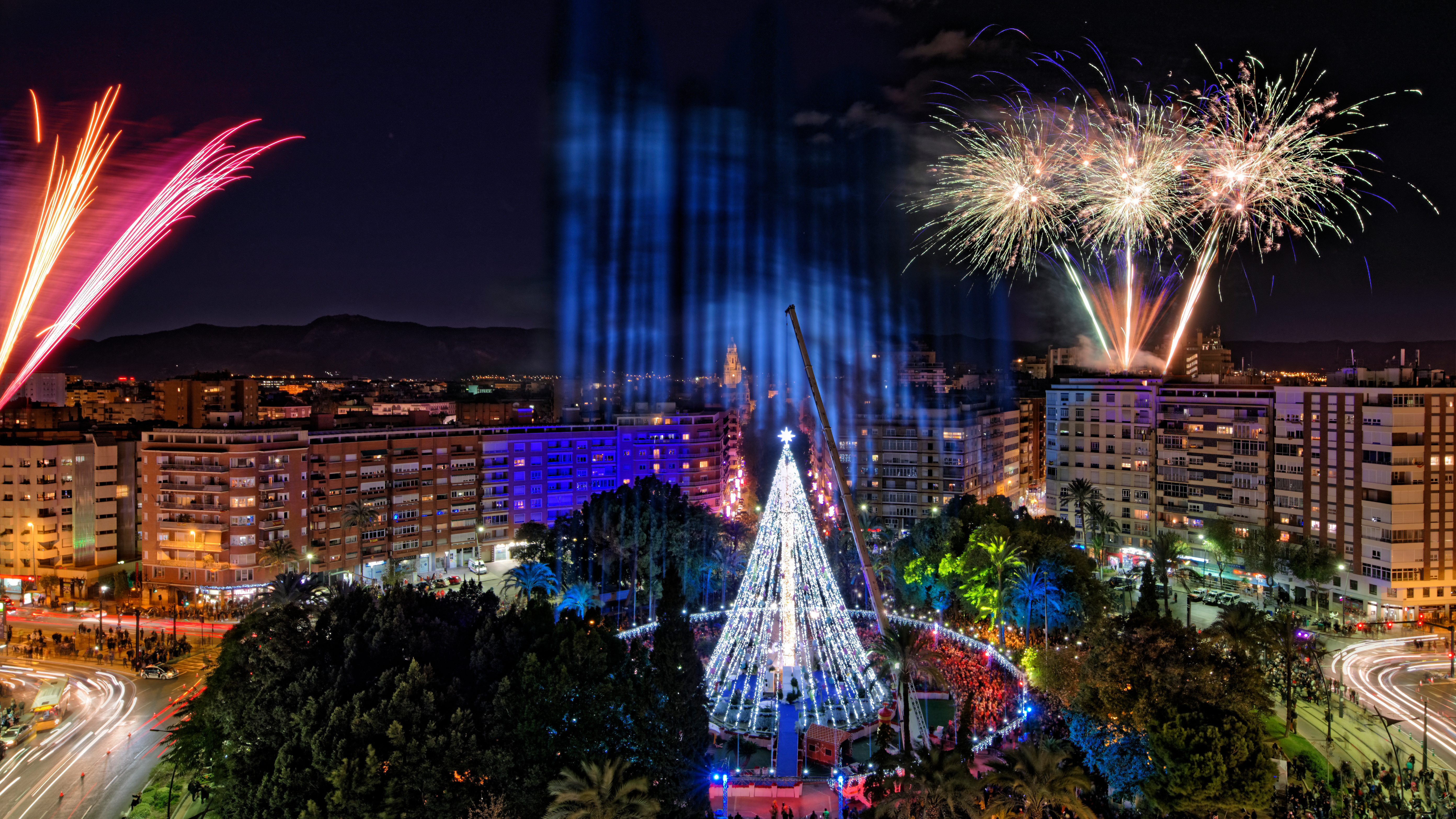 Christmas lights and fireworks over Murcia, showing the city&rsquo;s quieter winter festival atmosphere.