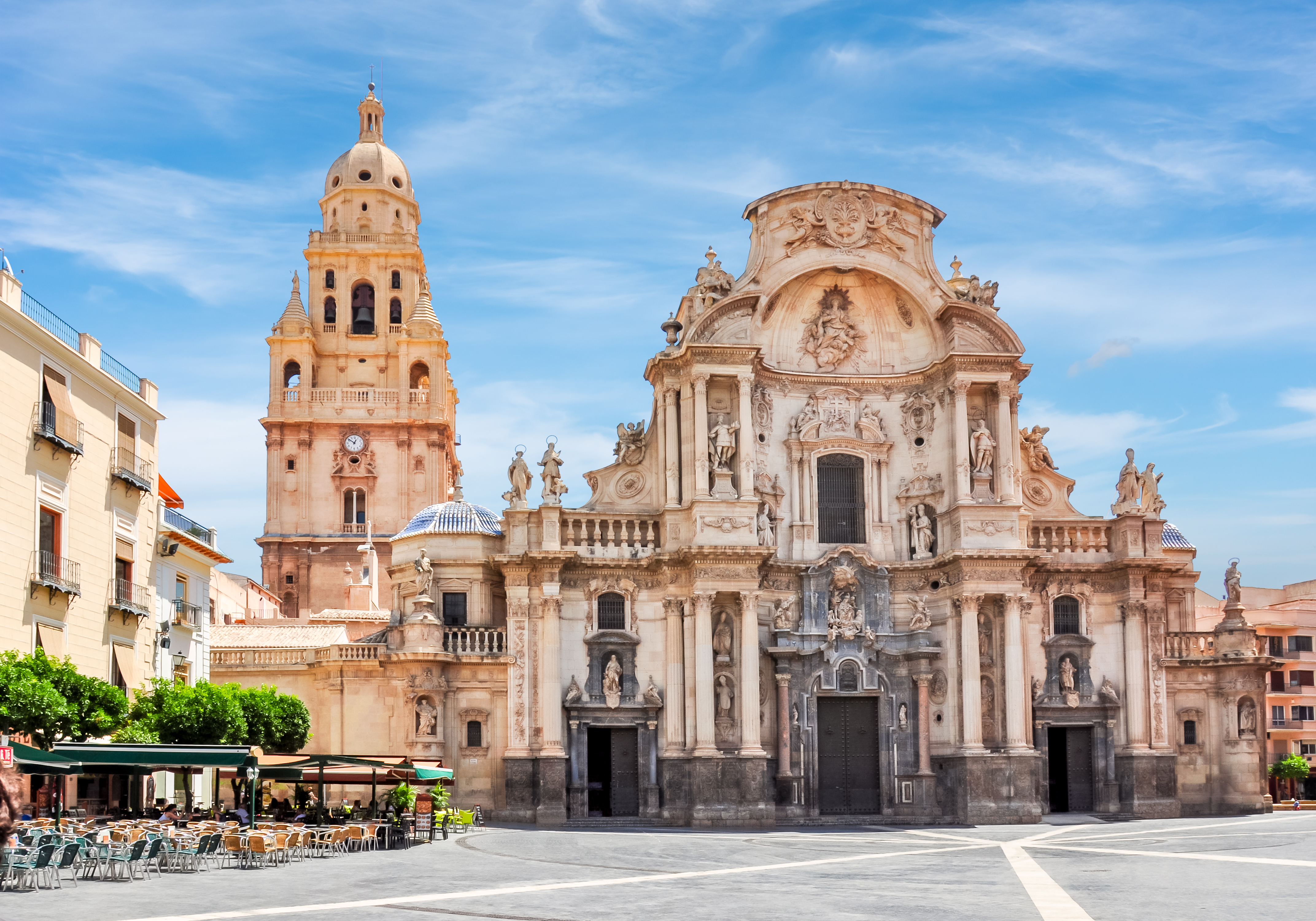 Murcia Cathedral and Plaza del Cardenal Belluga, showing the central Old Town area with caf&eacute;s and pedestrian space