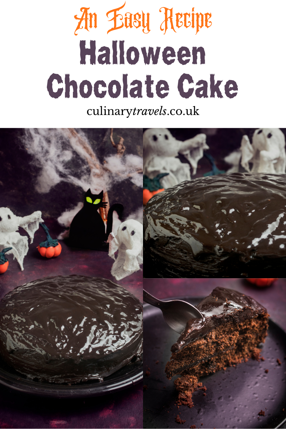 Halloween chocolate cake Pinterest graphic with a whole Chocolate Ghoulyard Cake and a cut slice.