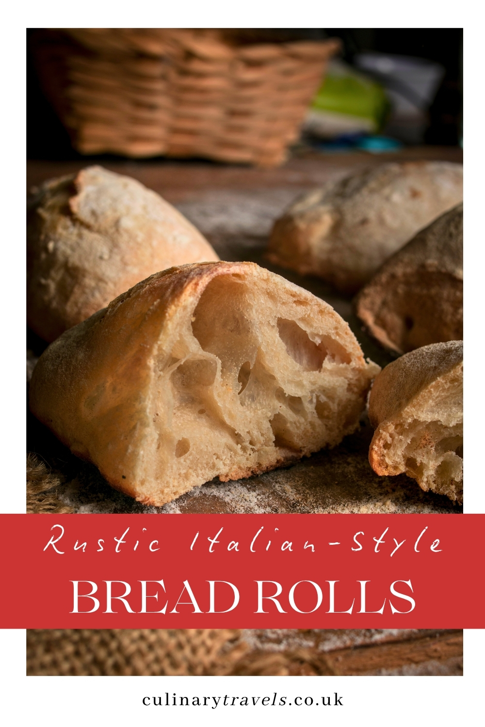 Pinterest graphic showing rustic ciabatta bread rolls with the text &ldquo;Rustic Italian-Style Bread Rolls&rdquo;.