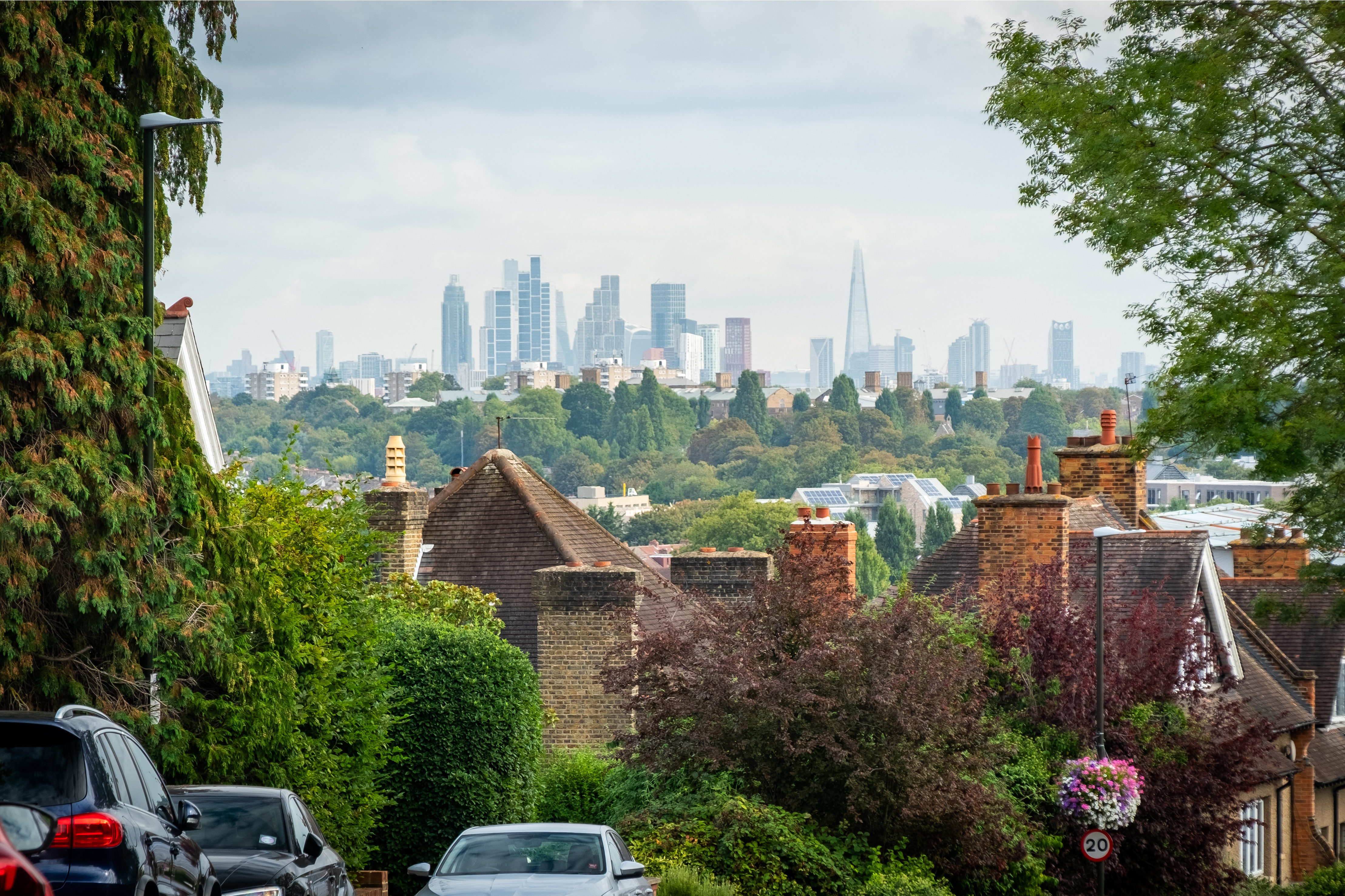 Leafy Wimbledon rooftops with the London skyline beyond, capturing the area’s village feel within the city