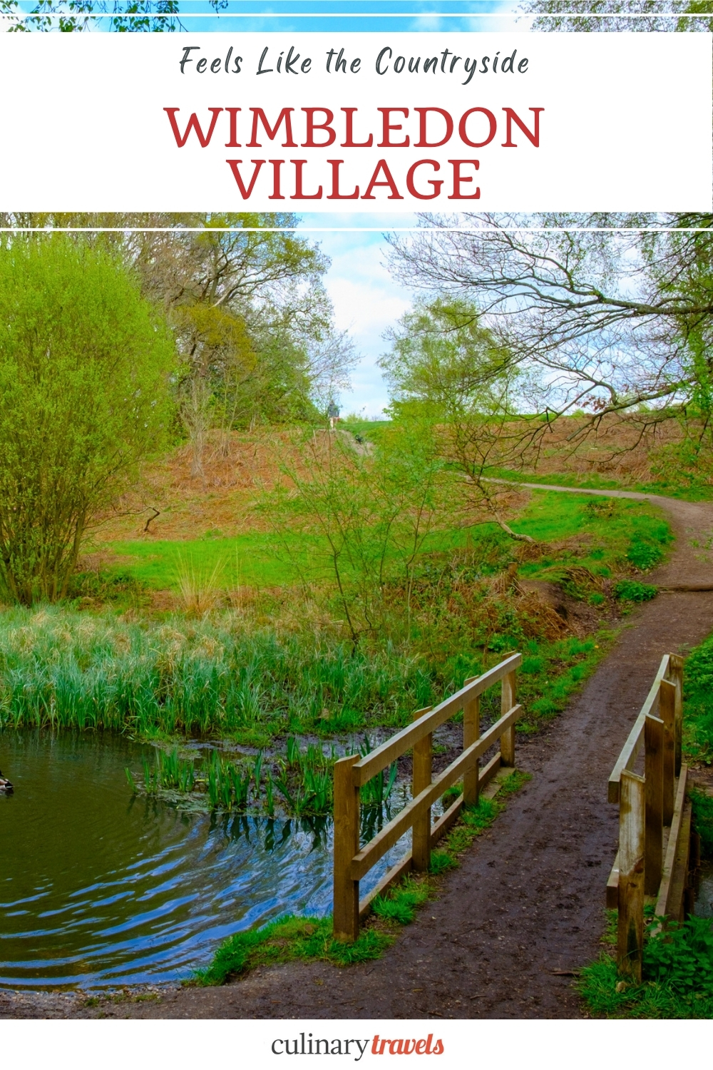 Wooden footbridge and pond on Wimbledon Common, showing the countryside feel of this part of south west London