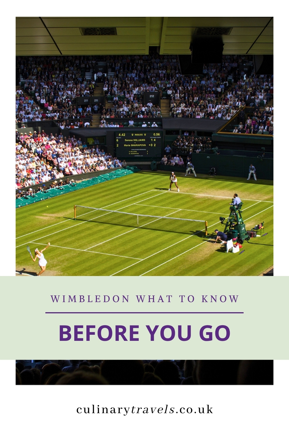 Pinterest-style graphic showing Centre Court at Wimbledon with the overlay text “Before You Go”, promoting practical tips for visiting Wimbledon during the Championships.
