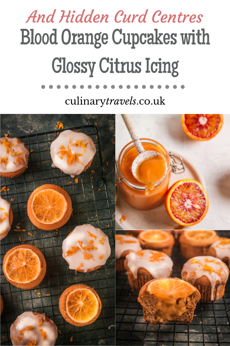 Collage showing blood orange cupcakes glazed with citrus icing, a jar of blood orange curd, and a cut cupcake revealing the soft curd-filled centre.